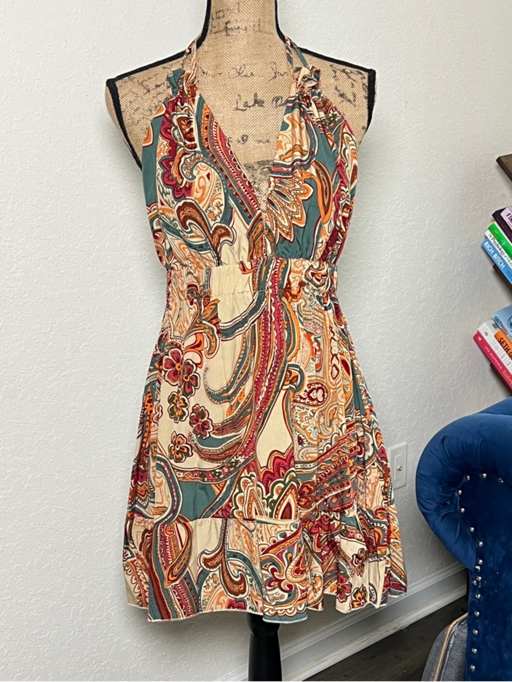 Boho Halter Maxi Dress in Cream & Teal Paisley - Picture 8 of 8
